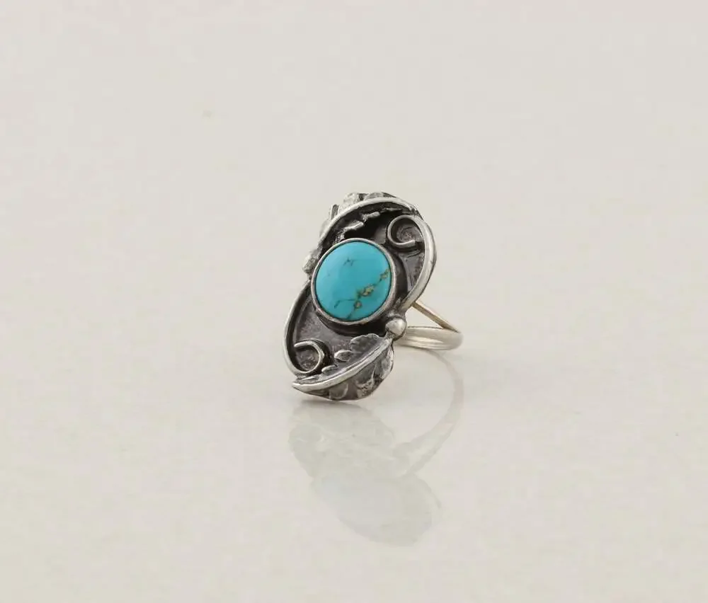 Sterling Silver Natural Turquoise Ring Leaf Design Size 5 1/2 Woman Teen Child